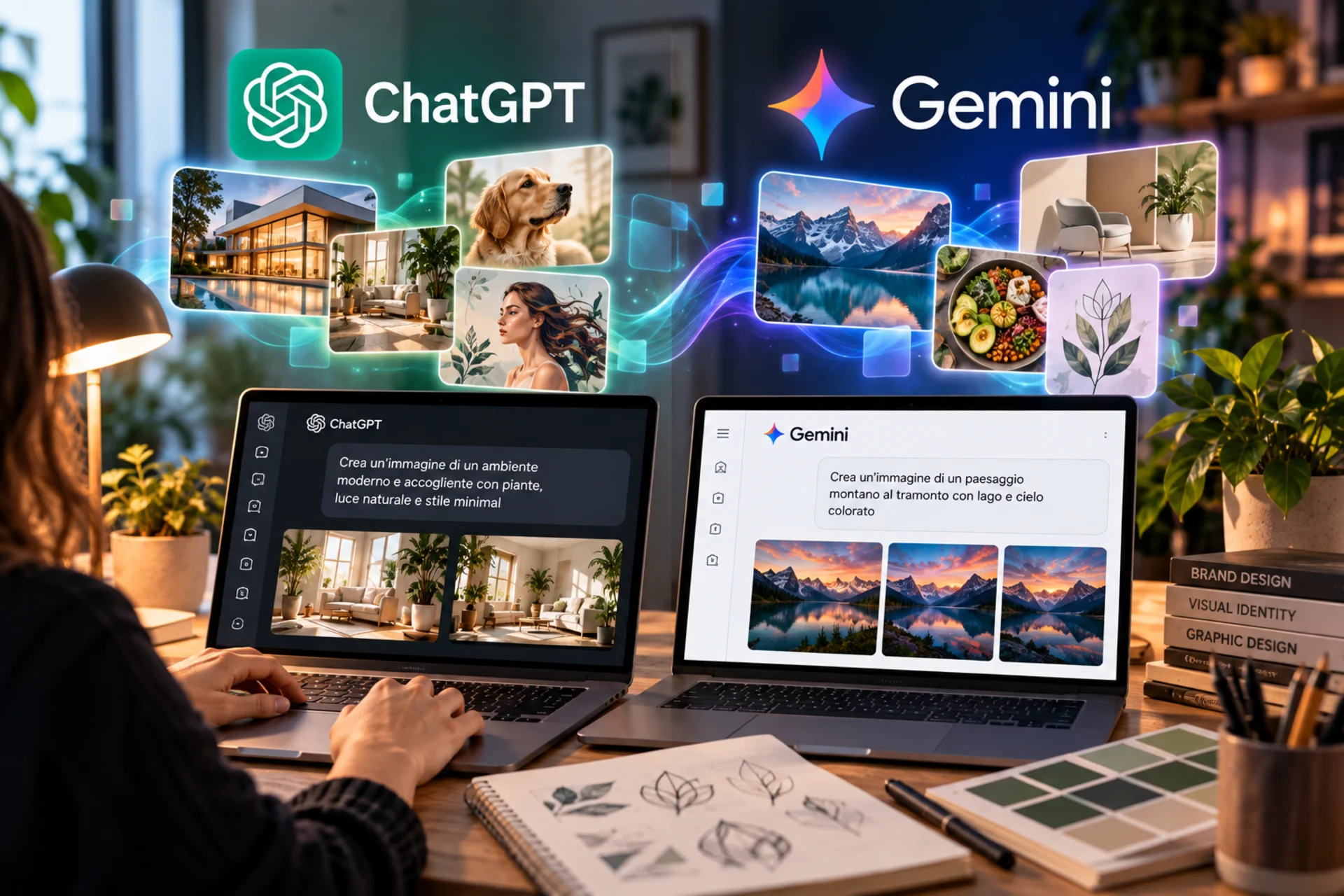 Una persona usa due laptop che mostrano ChatGPT e Gemini per creare grafica ai. Confronto tra immagini generate da AI.